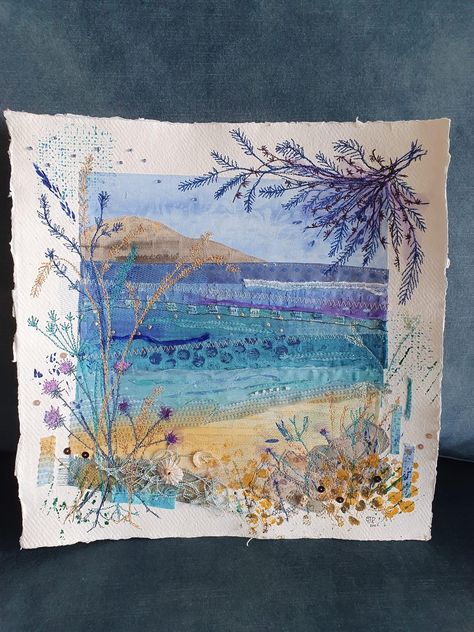 Fabric Seascapes, Seascape Quilts, Thread Sketching, Quilt Stitches, Ocean Quilt, Mixed Media Textile Art, Stitched Cards, Freehand Machine Embroidery, Landscape Art Quilts