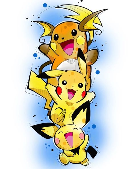 Pokemon Evolution Art, Pokemon Pikachu Evolution, Pokémon Evolution, Pichu Pikachu Raichu, Pikachu Evolution, Pokemon Tattoos, Pokemon World, Pikachu Raichu, Pikachu Tattoo