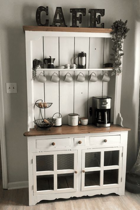 37 Coffee Bar Ideas to Streamline Your Morning Routine Hutch Coffee Bar, Coffee Bar Hutch, Coffee Bar Ideas Kitchen Counter, At Home Coffee, Coin Café, Coffee Bar Station, Coffee Bar Ideas, Diy Coffee Bar, Coffee Bar Design