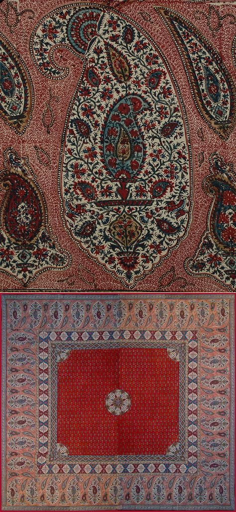 Antique Persian Textile. Antique Persian Isfahan Qalamkar Blocked Print Qajar Dynasty 1795 -1925 A.D Circa 1850 Size 128" x 122" Size 325 x 310cm Top Image is Detail Persian Textiles, Qajar Dynasty, Paisley Shawl, Iranian Art, Print Inspiration, Antique Textiles, Fabulous Fabrics, Paisley Design, Persian Carpet