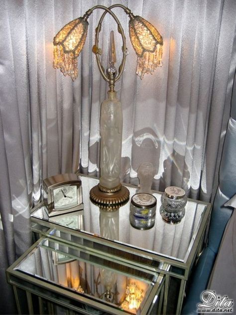 DVT Bedroom side table Dita Von Teese House, Dita Von Teese Home, Side Tables Bedroom, Glam Decor, Dita Von, Studio Apartment Decorating, Dita Von Teese, Mirrored Furniture, Art Deco Furniture