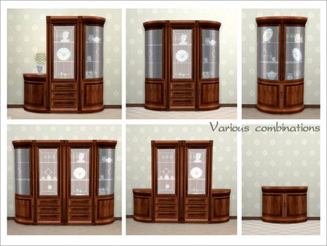 SC4-166901_PT01 Sims 4 China Cabinet, Sims 4 Cabinets Cc, Corner China Cabinet, Sims 4 Cottage, Vintage China Cabinets, Dining Room Victorian, Vintage Cupboard, Cc Furniture, Dining Room Windows