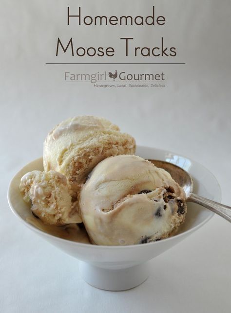 Homemade Moose Tracks Ice Cream via Nutmeg Nanny Moose Tracks Ice Cream Recipe, Moose Tracks Ice Cream, Iced Cream, Frozen Deserts, Refrigerated Desserts, Moose Tracks, Creamy Fudge, Best Homemade Ice Cream, Pb Cups