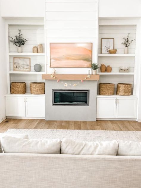 Studio Mcgee Built Ins, Pottery Barn Family Room, Spring Shelf Decor, Shelves Around Fireplace, Fireplace Baskets, White Built Ins, Built In Around Fireplace, Simple Fireplace, Fireplace Bookshelves