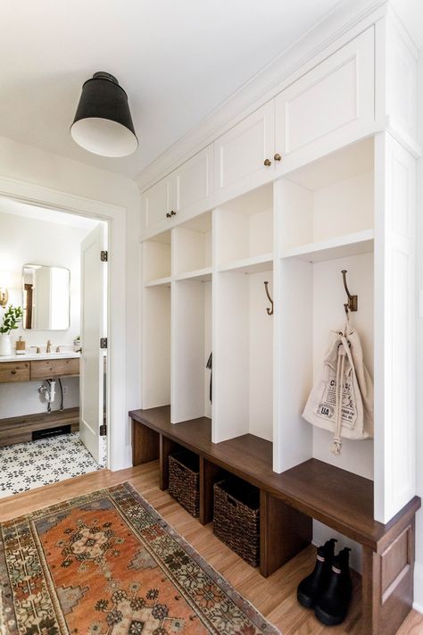 mudroom with hooks and bathroom Bathroom Mudroom Combo, Mudroom Bathroom Combo Layout, Mudroom Inspiration, Small Mudroom Ideas, Functional Mudroom, Bathroom Addition, Kelly In The City, Coat Storage, Mudroom Entryway