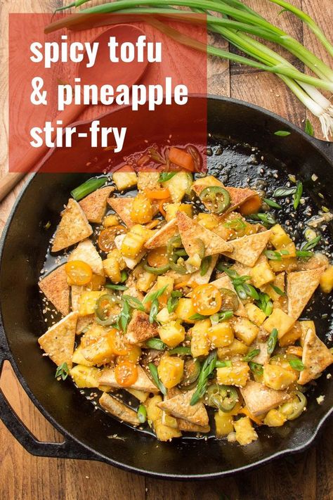 This tofu and pineapple stir-fry is packed with sweet and spicy flavor and comes together lightning fast! Easy, delicious, and perfect for a weeknight dinner. Naturally vegan, vegetarian, and optionally gluten-free! #veganrecipes #tofu #stirfry Tofu And Pineapple, Tofu Pineapple, Soy Curls, Vegan Dinner Recipes Easy, Vegan Breakfasts, Quick Vegetarian Meals, Vegan Entree, Easy Vegan Dinner, Vegan Main Dishes