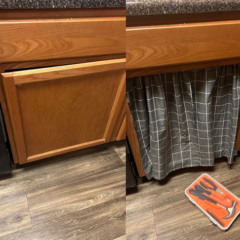 My busted cabinet under the sink replaced by a hideaway curtain, featuring a small tension rod and repurposed pillow case! Under Sink Cover, Cabinet Under Sink, Cabinet Curtain, Sink Cover, Tension Rod, Under Sink, Under Cabinet, Pillow Case, Pillow Cases