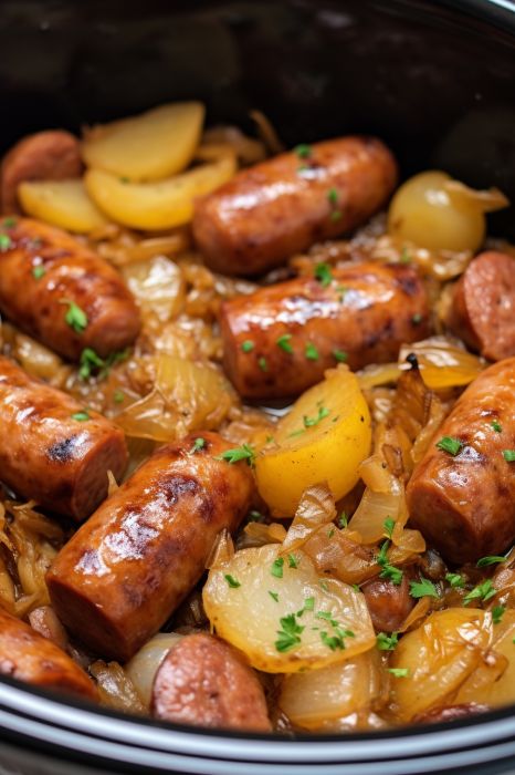 Slow Cook Sausage And Potatoes, Potato Sausage Slow Cooker, Potato And Sausage Recipes Slow Cooker, Crockpot Sausage Links, Slow Cooker All In One Meals, Sausage And Potatoes In Crockpot, Comfort Crockpot Recipes, Recipe For Slow Cooker, Cabbage Sausage Potatoes Crockpot