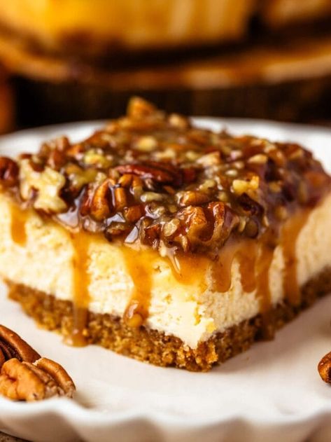 Pecan Pie Cheesecake Bars - Pies and Tacos Pecan Pie Cheesecake Bars Recipe, Pecan Pie Cheesecake Bars, Pies And Tacos, Pecan Cheesecake Bars, Cookie Basket, Pie Topping, Bakery Aesthetic, Rich Cheesecake, Pecan Pie Easy