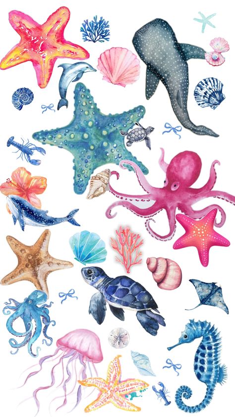 Ocean Collage, Blue Star Wallpaper, Summer Prints Wallpaper, Beachy Wallpaper, Pretty Ocean, Turtle Wallpaper, Watercolor Pencil Art, Iphone Wallpaper Preppy, Cute Summer Wallpapers