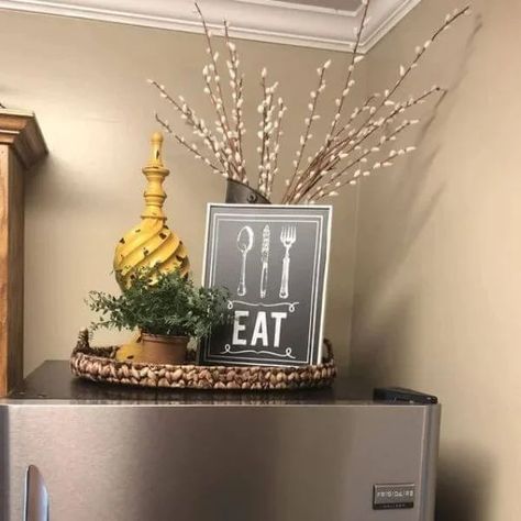 12 Genius Top Of The Fridge Decor Ideas To Style Up Your Kitchen - The Girly System Above The Fridge Ideas, Top Of Fridge Decor, On Top Of Fridge, Fridge Decor Ideas, Top Of Fridge, Fridge Ideas, Above The Fridge, Refrigerator Decor, Holiday Organization