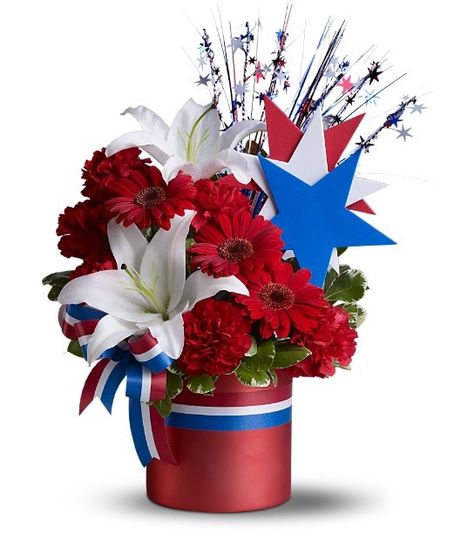 Don't forget the flowers this Fourth of July! The perfect touch to make your table special!    An FTD design: Spangled Stars                ... Patriotic Centerpieces, Patriotic Wedding, Patriotic Flowers, Summer Classes, Reunion Ideas, Red Bouquet, White And Blue Flowers, Rave Party, Patriotic Crafts