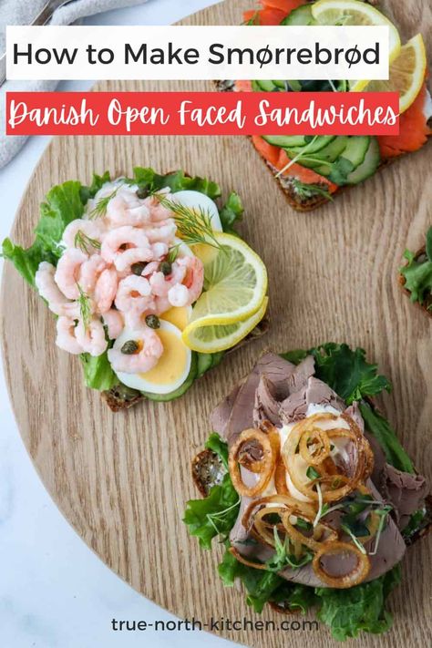 Smørrebrød (Danish Open Faced Sandwiches) Creamy Shrimp Salad, Mashed Potatoes Creamy, Open Faced Sandwich Recipes, Open Faced Sandwiches, Food Hot Dog, Danish Cuisine, Relish Sauce, Nordic Recipe, Open Faced Sandwich