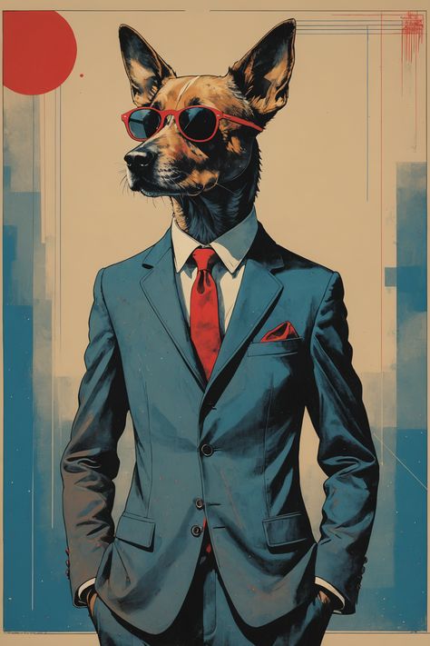 Dog in suit, Dog art, Cool dog illustration, Canine portrait, Stylish dog, Dog wearing sunglasses, Anthropomorphic dog, Animal in suit, Dog fashion, Modern dog art, Hipster dog, pop art, cool dog poster, dog wallpaper, phone wallpaper Dog In Suit Drawing, Animal In Suit, Dog In Suit, Dog Wearing Sunglasses, Suit Drawing, Vintage Style Poster, Hipster Animals, Hipster Dog, Dog Pop