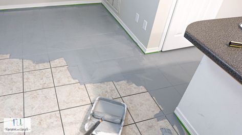 using Rust-Oleum floor paint on tile Rust Oleum Floor Paint, Rustoleum Floor Tile Paint, Rustoleum Floor Paint, Paint Tile Floor, Painted Bathroom Floors, Grey Painted Kitchen, Rustoleum Paint, Painting Bathroom Tiles, Paint Tile