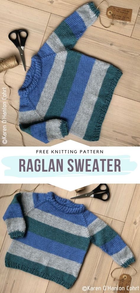 Raglan Sweater Free Knitting Pattern Who doesn't know the power of horizontal stripes yet? We all do! Knit this simple sweater with classic cut and neckline for your little bundles of joy to wear this season. You can go for cool tones like the brilliant author did or choose something different instead. #knitpullover #knitchildrenpullover #knitsweater #knitchildrensweater #freeknittingpattern Kids Sweater Pattern, Boys Knitting Patterns Free, Knitting Patterns Boys, Kids Knitting Patterns, Knitting Patterns Free Sweater, Baby Boy Knitting Patterns, Jumper Knitting Pattern, Baby Sweater Patterns, Baby Boy Knitting