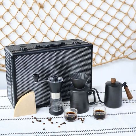 1. Glass Manual Grinder
2. Pour Over Coffee Kettle Gooseneck
3. V60 coffee driper
4. Coffee server
5. Coffee cup
6. 40 pcs of coffee filter Travel Coffee Maker, Coffee Kit, Coffee Gift Sets, Pour Over Coffee Maker, Coffee Barista, Coffee Equipment, Premium Coffee, Outdoor Gift, Pour Over Coffee