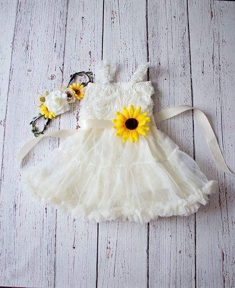 Sunflower Flower Girl Dress, Lace Flower Girl Dress Rustic, Sunflower Crown, Headband Dress, Sunflower Party, Dress Boho Wedding, Sunflower Themed Wedding, Dress Bodice, Girls Dress Shop