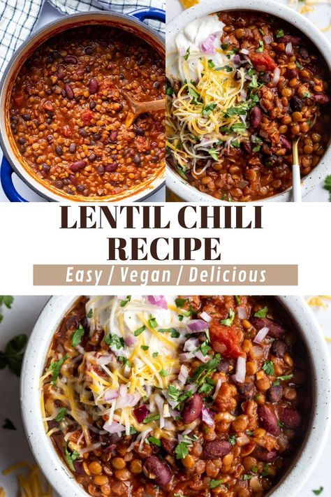 Looking for a super tasty, crowd-pleasing dinner option? Lentil Chili with incredible bold flavors coming right up! This lentil chili recipe is a hearty and healthy plant-based chili filled with lentils, beans, tomatoes, and plenty of delicious spices! An easy one pot dinner option that the whole family will love! Trader Joe’s Lentils, Vegetarian Lentil Chili Recipe, Easy Lentil Recipes, Lentil Chili Recipe, Chili Food, Vegetarian Chili Recipe, Freezer Dinners, Lentils Beans, Lentil Chili