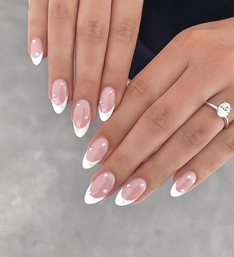 French Tip Acrylic Nails With Chrome, Ombre Nails With Pearls, Bridal Almond Nails, Trendy Nail Inspo Almond, White French Tips With Pearls, French Nails With Diamonds, Oval Acrylic Nails, Pearl Nail Art, Western Nails