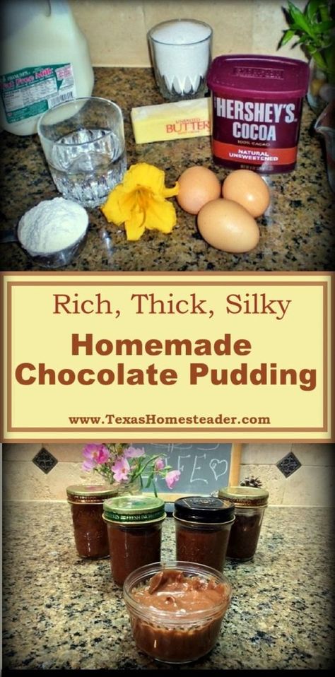 Grandma's old fashioned chocolate pudding recipe hits the spot! This easy recipe cooks up quick and results in rich, thick, silky chocolate pudding. . . #TexasHomesteader #Chocolate #Pudding #EasyRecipe Creamy Chocolate Pudding, Cooked Chocolate Pudding, Old Fashioned Chocolate Pudding, Chocolate Pudding Recipe, Homemade Chocolate Pudding, Easy Puddings, Chocolate Pudding Recipes, Homemade Pudding, Cooking Chocolate