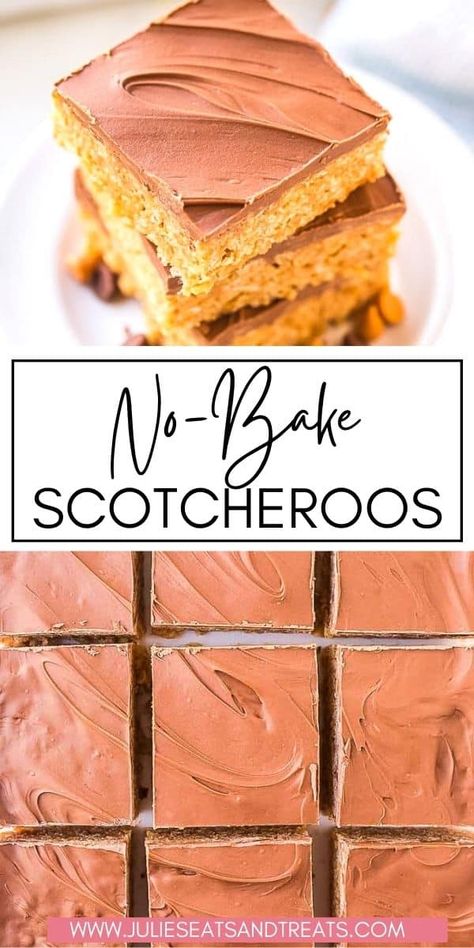 These classic Scotcheroos are our FAVORITE no-bake treat! The Rice Krispie base has the perfect amount of ooey gooey goodness which makes the bar, plus it's topped with a butterscotch and chocolate frosting that balance this treat out nicely. Once you try this recipe you'll ditch your old recipe. There's a reason it's been passed down for generations. Rice Krispie Bars, Pot Roast Recipes, Ooey Gooey, Rice Krispie Treats, Rice Krispie, Candy Desserts, Fun Treats, Chocolate Frosting, No Bake Treats