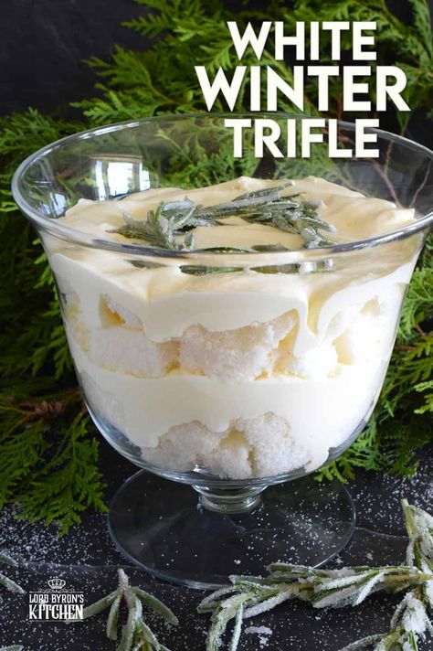 Everyone dreams of a white Christmas, or at least I do! If mother nature fails to deliver, one can always find comfort in a delicious, light, and fluffy dessert like this White Winter Trifle! Layers of angel food cake and homemade white chocolate whipped cream combine to make the most purely elegant treat! #trifle #winter #white #nobake #ganache #angelfood Winter Trifle, Angel Food Trifle, White Chocolate Whipped Cream, Homemade White Chocolate, Christmas Trifle, Dairy Recipes, Chocolate Trifle, Chocolate Whipped Cream, Trifle Bowl