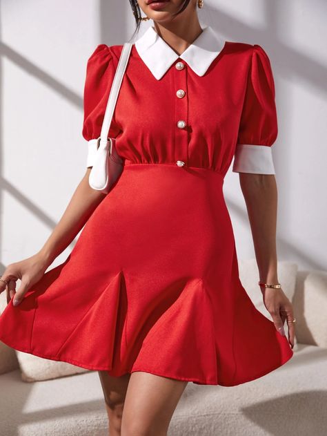 Colorblock Button Front Peter Pan Collar A-line Dress | SHEIN EUR Collared Dresses, Collar Dresses Outfit, Short Flare Dress, Peter Pan Collar Dress, Smart Dress, Collared Shirt Dress, Stylish Work Attire, Fashion Illustration Dresses, Dress Sketches