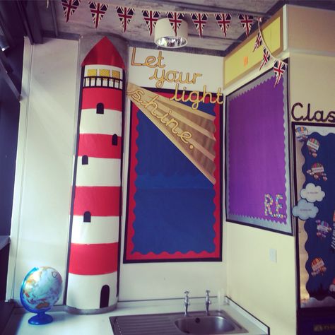 Used the big pipe on the wall to my advantage with this #lighthouse #display #classroom #letyourlightshine #schoolmotto Lighthouse Theme, Lighthouse Door Decoration, Lighthouse Classroom Door, Lighthouse Bulletin Board, Ship Bulletin Board Ideas, Ks2 Display, Lighthouse Keepers Lunch, Ocean Library Bulletin Board, Split Rock Lighthouse