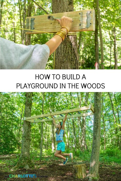 I turned the woods behind our house into this fun backyard playground but using the trees and stumps to build swings and other play equipment. #backyarddiy #diyplayground #backyardplayground #diybackyard Woods Backyard Ideas, Wood Playground, Outdoor Play Space, Fun Backyard, Garden Goals, Play Area Backyard, Backyard Kids Play Area, Tree House Diy, Backyard Swings