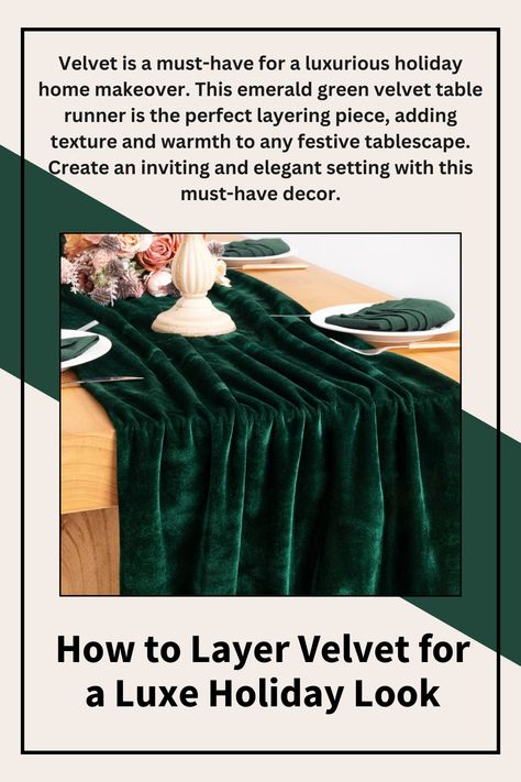 Velvet is a must-have for a luxurious holiday home makeover. This emerald green velvet table runner is the perfect layering piece, adding texture and warmth to any festive tablescape. Create an inviting and elegant setting with this must-have decor.

#VelvetVibes #LuxuryHomeDecor #FestiveStyle #HolidayLayering #TablescapeInspo #VelvetRunner #HomeStyle #WinterElegance #CozyHoliday #ChristmasTable #VelvetTouches #SeasonalDecor #TableDecor #WinterVibes #HomeInspo Green Velvet Table Runner, Velvet Table Runner, Velvet Table, Affordable Christmas Decorations, Wedding Runner, Festive Tablescape, Thanksgiving Wedding, Emerald Green Velvet, Amazon Christmas