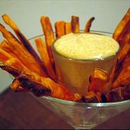 Sweet Potato Fries with Curried Mayonnaise Dip Curried Mayonnaise, Mayonnaise Dip, Best Baked Sweet Potato, Homemade Sweet Potato Fries, Vegan Chips, Healthy Fries, Sweet Potato Recipes Fries, Sweet Potato Fries Baked, Tasty Tuesday