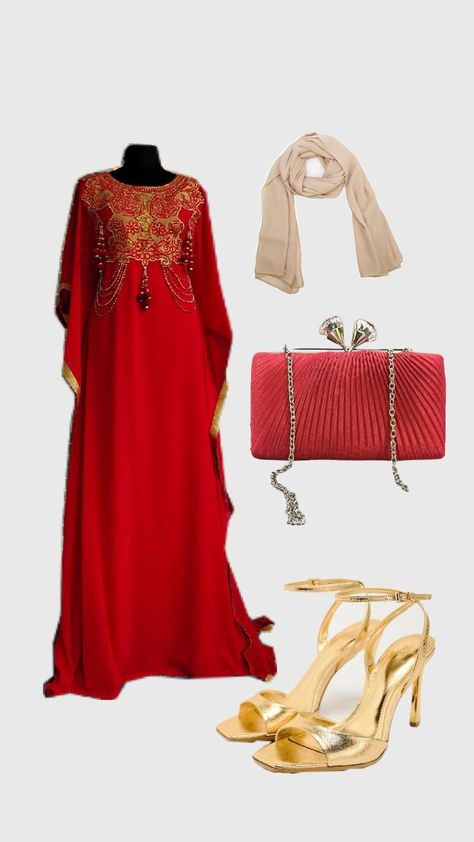 Fashion Cream Hijab, Red Kaftan, Kaftan Fashion, Red Clutch, Embroidery Top, Gold Embroidery, Gold Heels, Red Gold, Cute Outfits