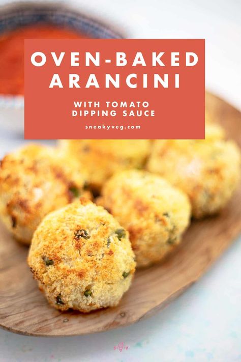 Got some leftover risotto? Baked arancini, or risotto balls, are the perfect use for it. Make a tomato dipping sauce to serve with your arancini for a delicious meal or snack that the whole family can enjoy. #sneakyveg #bakedarancini #risottoballs #arancini #leftovers #vegan #vegetarian Baked Arancini, Leftover Risotto, Tomato Dipping Sauce, Risotto Balls, Vegan Meals, Vegan Baking, Oven Baked, Plant Based Diet, Easy Baking