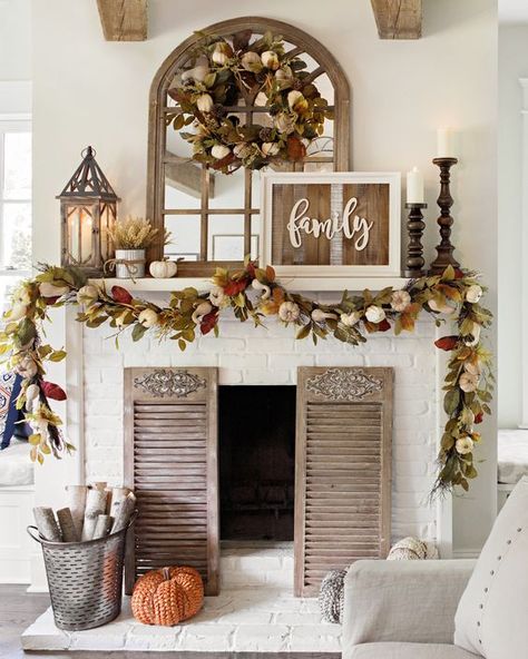 a fall leaf and pumpkins wreath and garland, candles and lanterns plus a rustic sign Fall Mantle Decor, Kirkenes, Fall Fireplace, Farmhouse Living Room Furniture, Fireplace Mantle Decor, Room Furniture Design, Fireplace Mantel Decor, Country Decor Rustic, Furniture Design Living Room