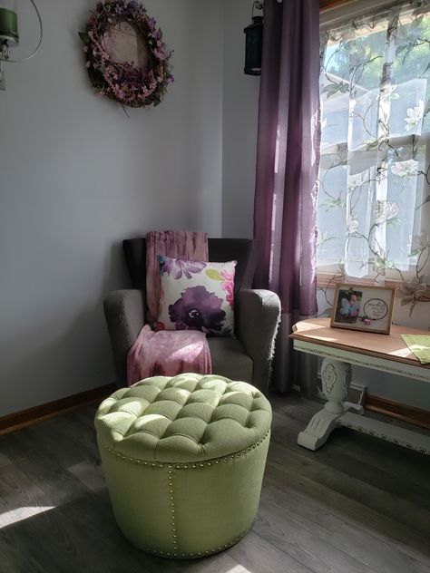 Sage Green And Purple Living Room Decor, Monochromatic Purple Room, Sage Green And Plum Living Room, Green Purple Room Ideas, Pink Purple And Green Bedroom, Plum And Sage Bedroom, Green And Purple Room Bedrooms, Purple Green Office, Sage Green And Purple Living Room