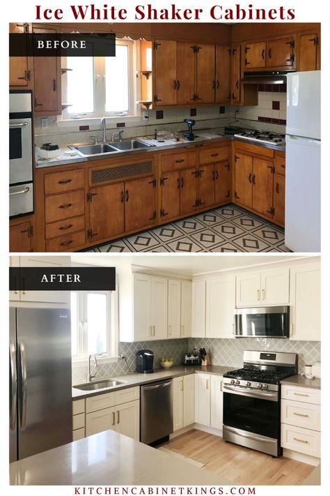 We love seeing the dramatic difference a kitchen makeover can do for our clients' kitchens! Check out this recent remodel from Pete D., using our Ice White Shaker cabinets! Kitchen Village, White Upper Cabinets, Small Kitchen Renovations, Cheap Kitchen Remodel, Home Stores, Budget Kitchen Remodel, Village Home, Gray And White Kitchen, Diy Kitchen Renovation