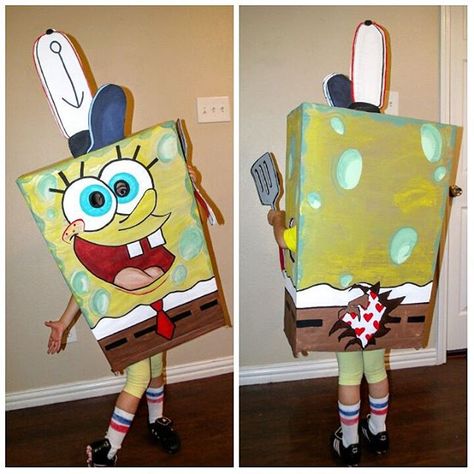 SpongeBob Square Pants costume made out of a cardboard box, foam board, and acrylic paint. Diy Spongebob Costume, Sponge Bob Costume, Spongebob Diy, Diy Spongebob, Spongebob Costume, Spongebob Halloween, Cartoon Halloween Costumes, Patrick Spongebob, Family Themed Halloween Costumes