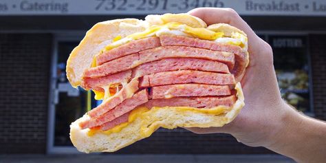 Locals argue over whether the processed meat is called pork roll or Taylor ham, but most agree it's a necessary part of any breakfast sandwich. Taylor Ham Egg And Cheese, Taylor Pork Roll, Ham Sandwich Recipes, Taylor Ham, Chilli Cheese Toast, Toasted Sandwich Recipes, Egg Sandwich Recipe, Fried Egg Sandwich, Egg And Cheese Sandwich