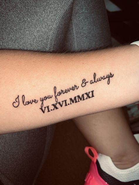 Roman Numeral Memorial Tattoo, Small Remembrance Tattoos Roman Numerals, Memorial Date Tattoos Roman Numerals, I Love You Roman Numeral Tattoo, Roman Numeral Tattoos Women, Roman Numeral Tattoo With Name, Roman Numeral With Name Inside Tattoo, Husband Name Tattoos For Women, Cursive Tattoo Fonts