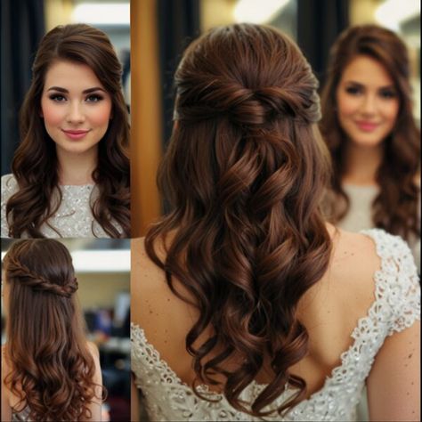 Half Hairdo Wedding, Hairstyle Ideas For Bridesmaids, Half Up Half Down Hair Indian, Hairstyles For Christian Wedding, Hair Styles For Gown, Bridesmaid Hairstyles Down Curls, Wedding Half Up Half Down Medium Length, Hairstyle For Long Gown, Long Hair Half Up Half Down Wedding