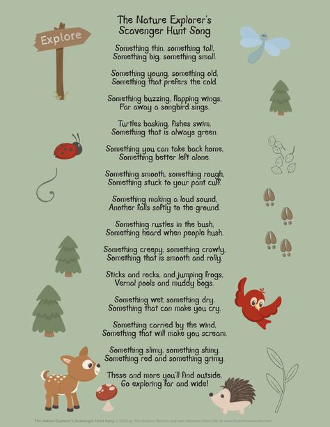 A freebie for your school room and a fun song to sing while on a nature walk. This poem reminds you to use all your senses when observing and exploring nature #natureactivites #outdooractivities #printables #natureprintables Songs About Nature, Nature Poems For Kids, Nature Kindergarten, Nature Poems, Poems About School, English Rhymes, Simple Poems, Outdoor Learning Activities, Rhyming Poems