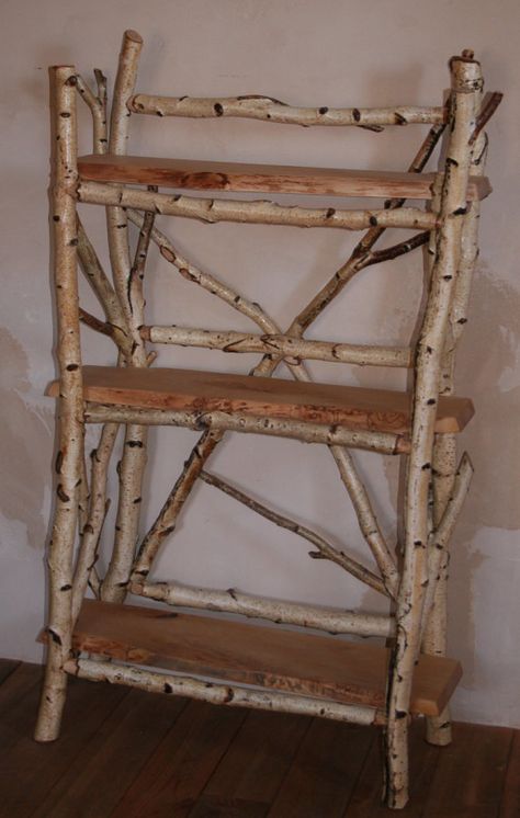 white+birch+shelf+by+RusticFurnture+on+Etsy Birch Furniture, Plant Mobile, Birch Wood Crafts, Birch Bark Crafts, Branch Furniture, Willow Furniture, Twig Furniture, Tree Branch Decor, Sticks Furniture