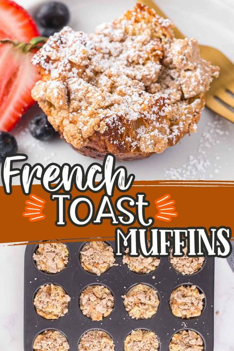 Our French Toast Muffins is made in a muffin tin with croissants, heavy cream and cinnamon, they come together for the perfect bite-sized breakfast option that’s ready in just 30 minutes! Muffin Tin Desserts, Bite Size Breakfast, Muffin Tin Breakfast, Muffin Pan Recipes, French Toast Bites, On The Go Breakfast, French Toast Muffins, Make French Toast, Muffin Tin Recipes