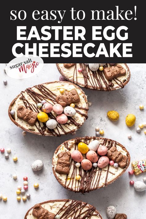 Easter Egg Cheesecake Cake Recipes, Eggless Easter Desserts, Cheesecake Filled Easter Eggs, Cheesecake Easter Egg, Cheesecake Eggs, Easter Cheesecakes, Easter Egg Cheesecake, Mini Egg Cheesecake, Cheesecake Easter