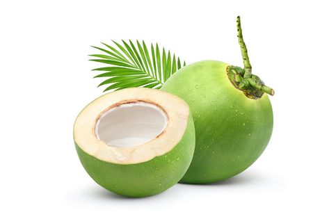 Coconut juice in half fruit with water droplets and leaf isolated on white background. Tender Coconut Juice, Juice Coconut, Tender Coconut, Coconut Juice, Cassava Cake, Coconut Drink, Green Coconut, Coconut Drinks, Coconut Palm Tree