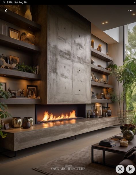 Modern Fireplace With Shelves On Side, Long Fireplace Ideas, Living Room With Modern Fireplace, Industrial Fireplace Ideas, Fireplace Design With Tv, Studio With Fireplace, Fireplace Design Modern, Modern Fire Place, Modern Living Room With Fireplace