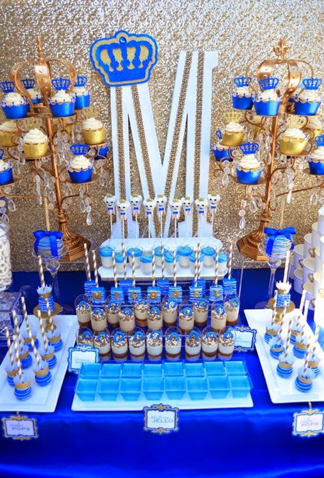 It's a ROYAL affair Royal Blue And Gold Treat Table, Royal Blue Dessert Table, Blue And Gold Dessert Table, Royal Desserts, Blue Dessert Table, Royal Prince Birthday Party, Baptism Party Boy, Buffet Dessert, Prince Birthday Party