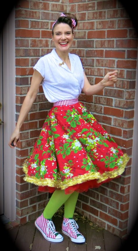 Cassie Stephens: DIY: Christmas Tablecloth to Lady Skirt Homemade Ugly Christmas Sweater, Womens Skirt Pattern, Ugly Christmas Sweater Diy Funny, Diy Christmas Outfit, Elementary Art Teacher, Diy Christmas Sweater, Circle Skirt Pattern, Cassie Stephens, Christmas Dress Up