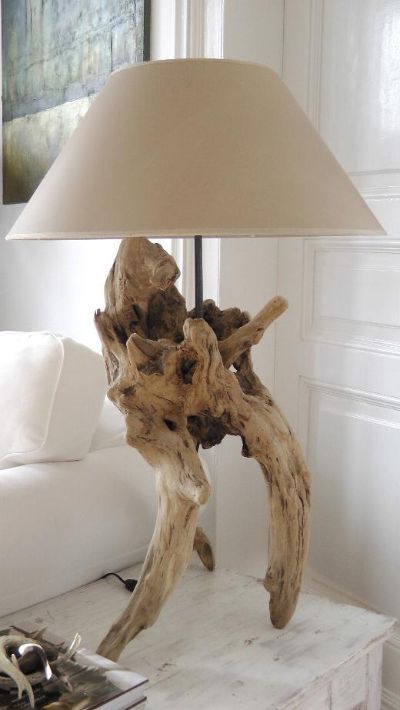 a lovely driftwood table lamp of a cool piece of driftwood and a neutral lampshade is a stylish solution to go for Driftwood Furniture, Driftwood Table, Driftwood Lamp, Driftwood Projects, Driftwood Sculpture, Driftwood Decor, Driftwood Crafts, Rustic Lamps, Bush Furniture